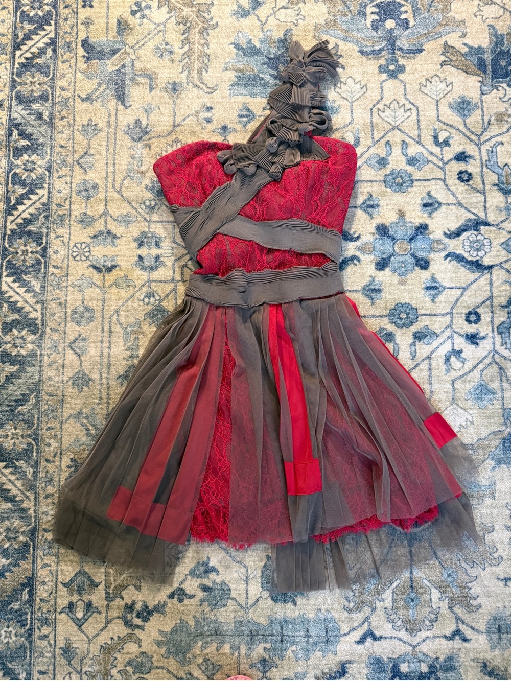 BCBGMaxAzria Red and Gray Ruffled One-Shoulder Tulle Dress - Picture 1 of 5
